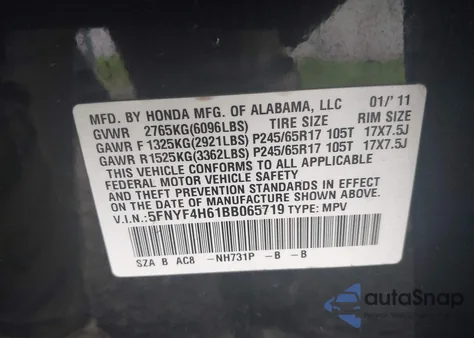 2011 Honda Pilot Ex-L from USA, damaged, VIN 5FNYF4H61BB065719